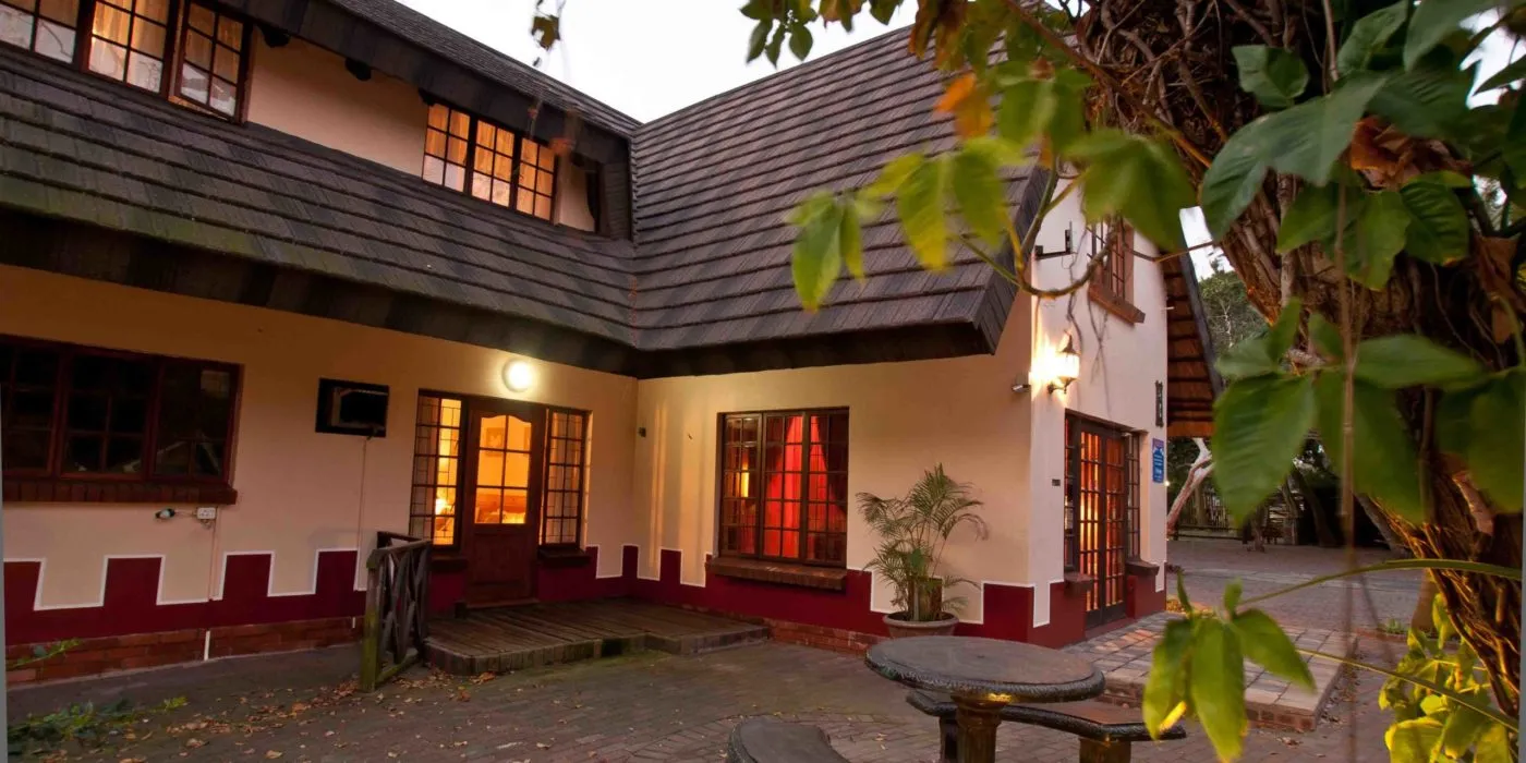 Cozy house with warm lights and surrounding greenery at dusk