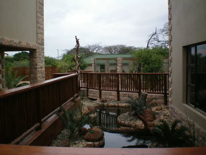 Wooden walkway over a pond with plants and rocks surrounded by buildings