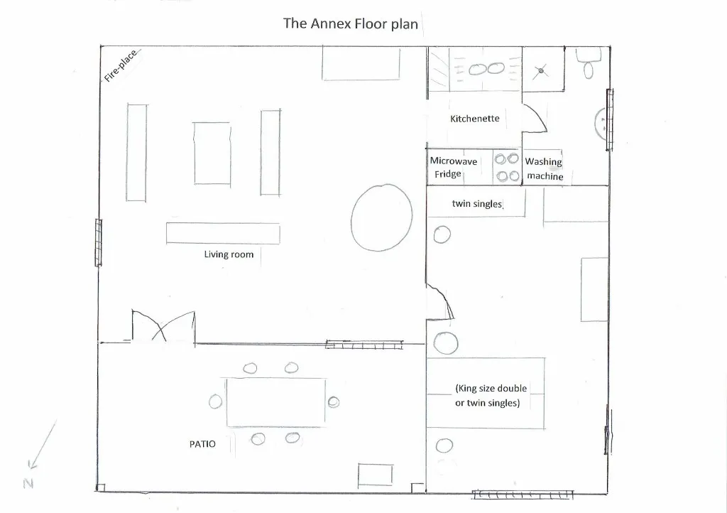 Floor plan of The Annex with living room kitchenette bedroom and patio