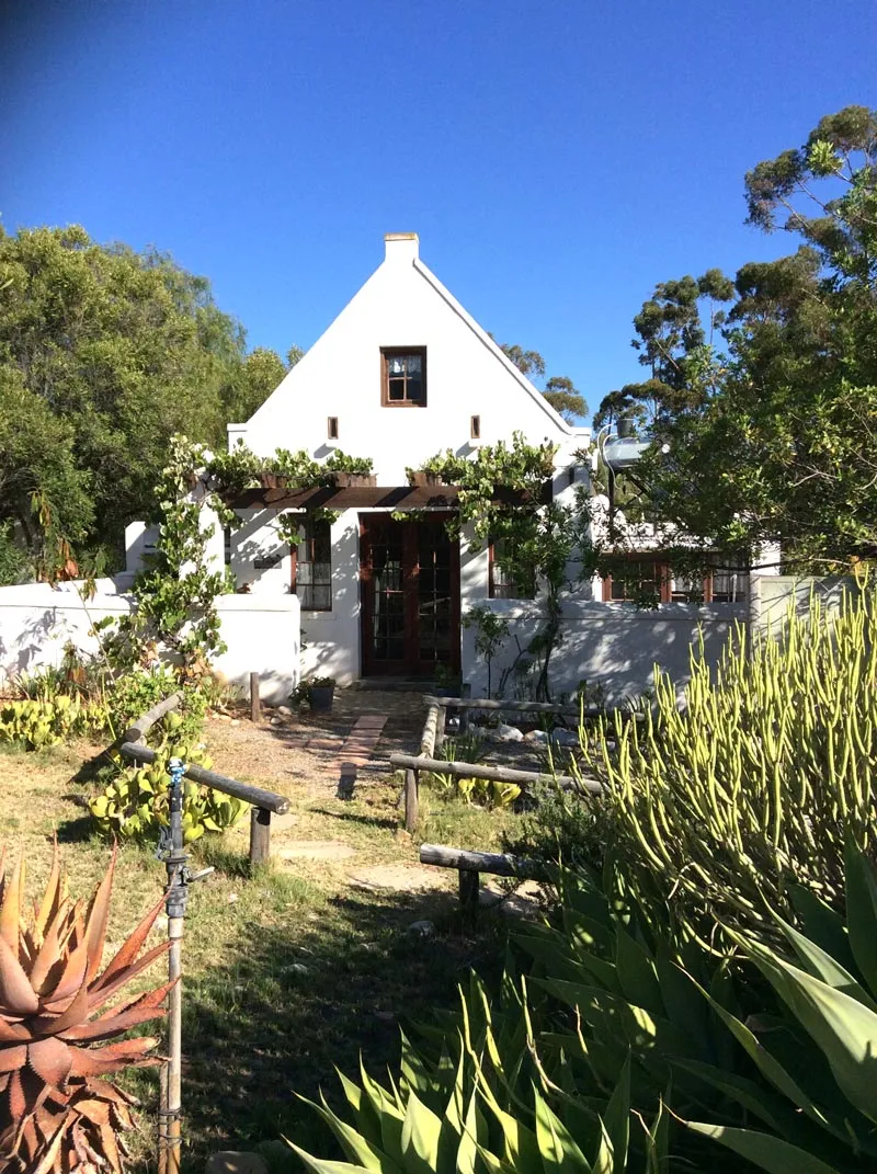 White house with garden surrounded by greenery under a blue sky