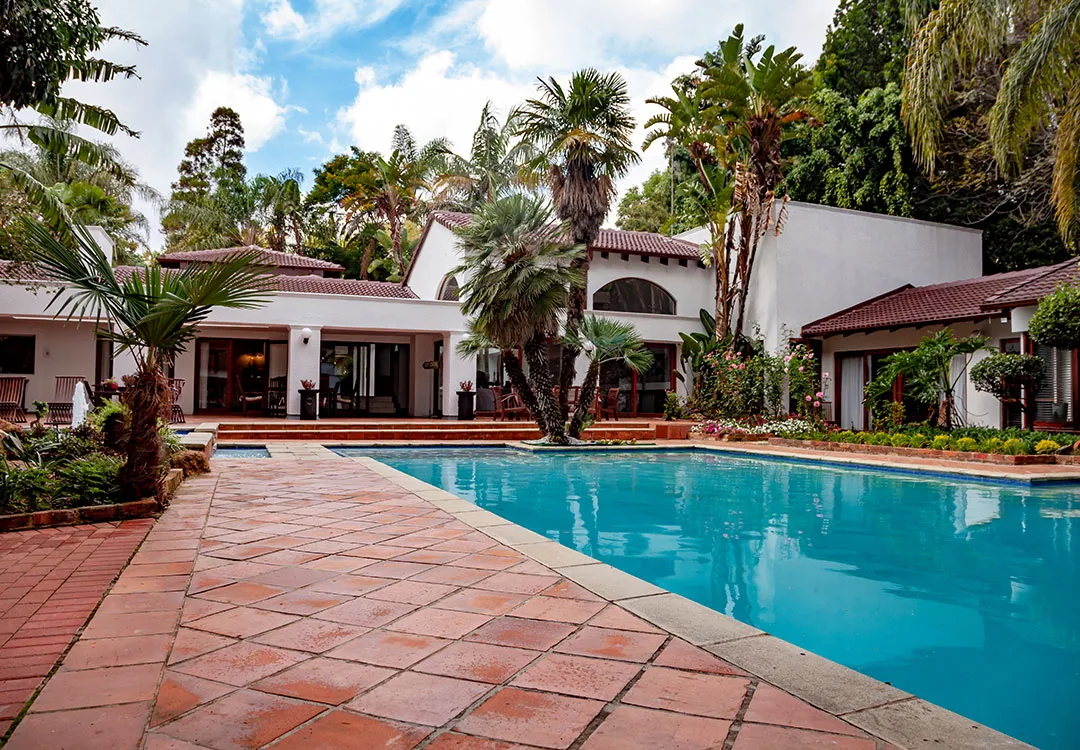 Luxury villa with large swimming pool palm trees and lush garden