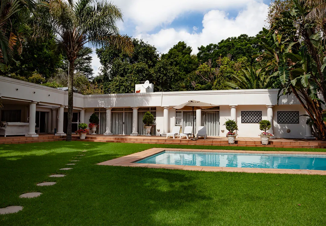 Modern house with pool and palm trees in a lush garden