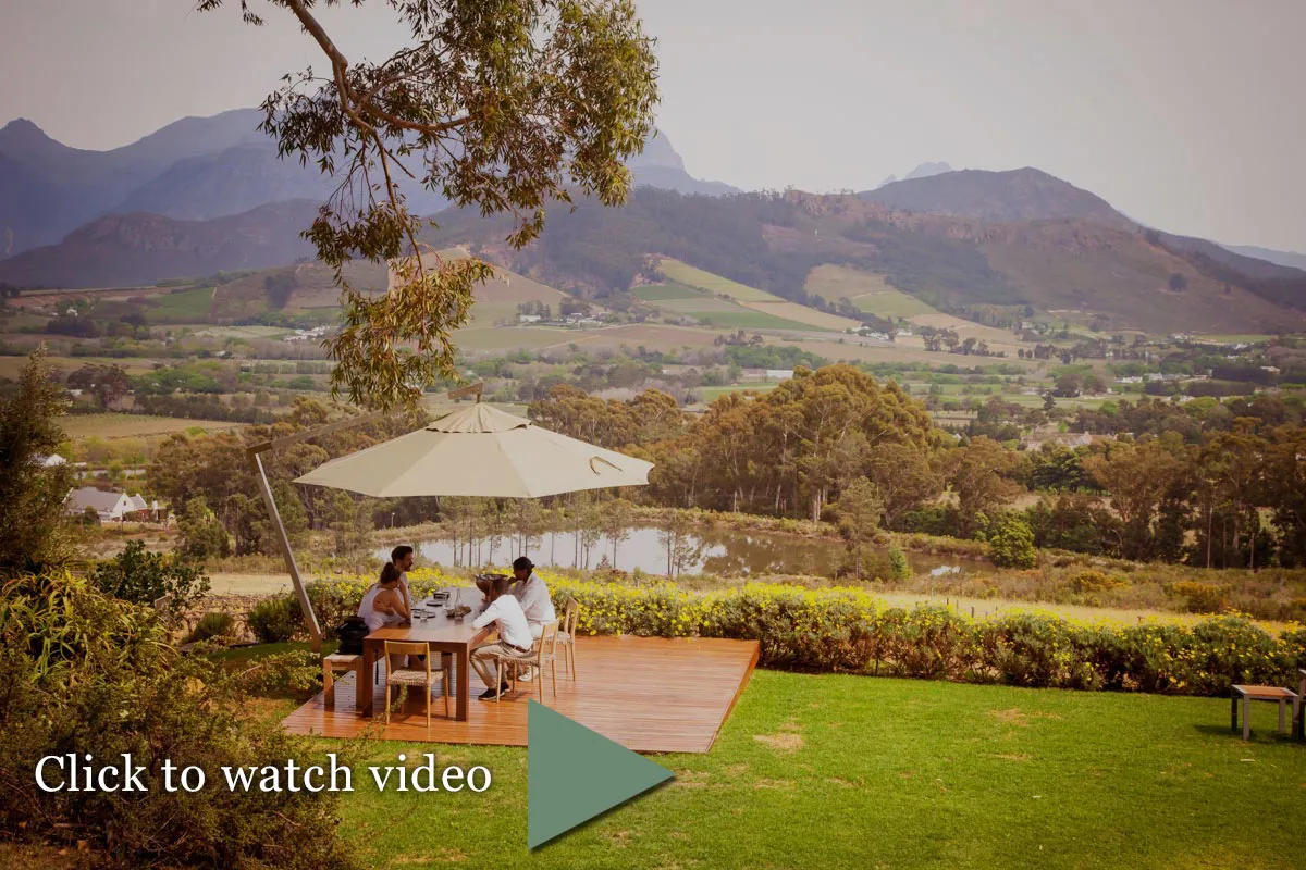 People dining on a patio with scenic mountains and greenery in the background