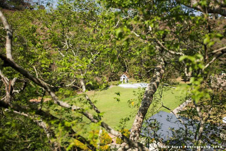 A white gazebo in a lush green garden framed by tree branches