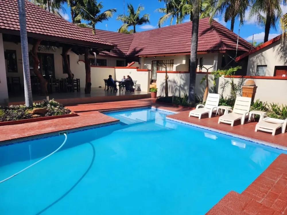 Swimming pool with lounge chairs palm trees and people dining in the background