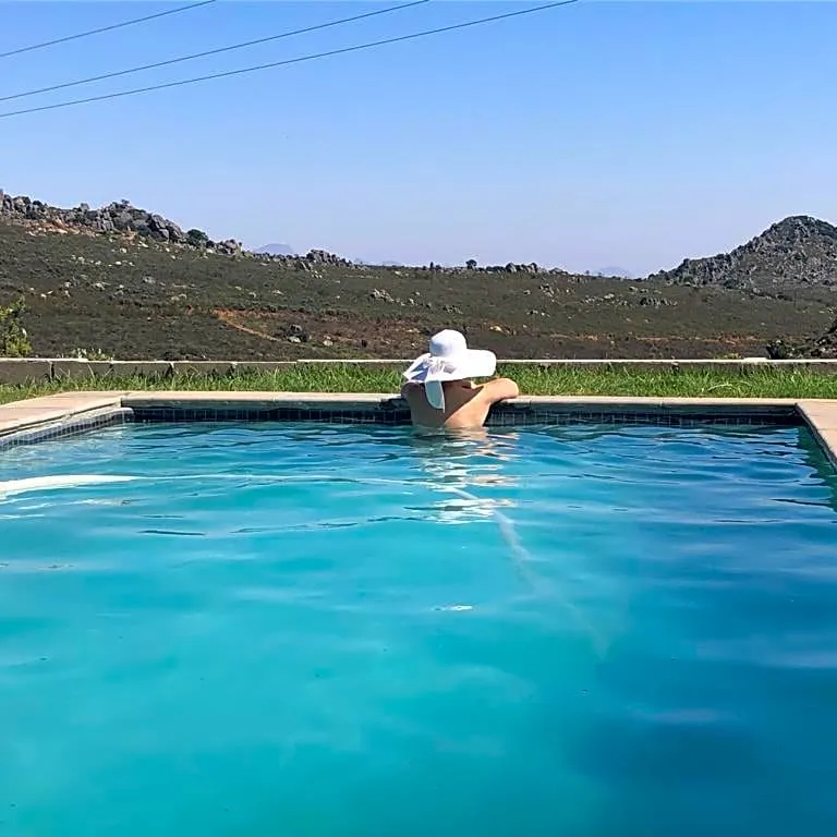 Person in a white hat swimming in a pool with a scenic background