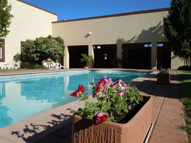 Swimming pool with potted flowers in front of a building