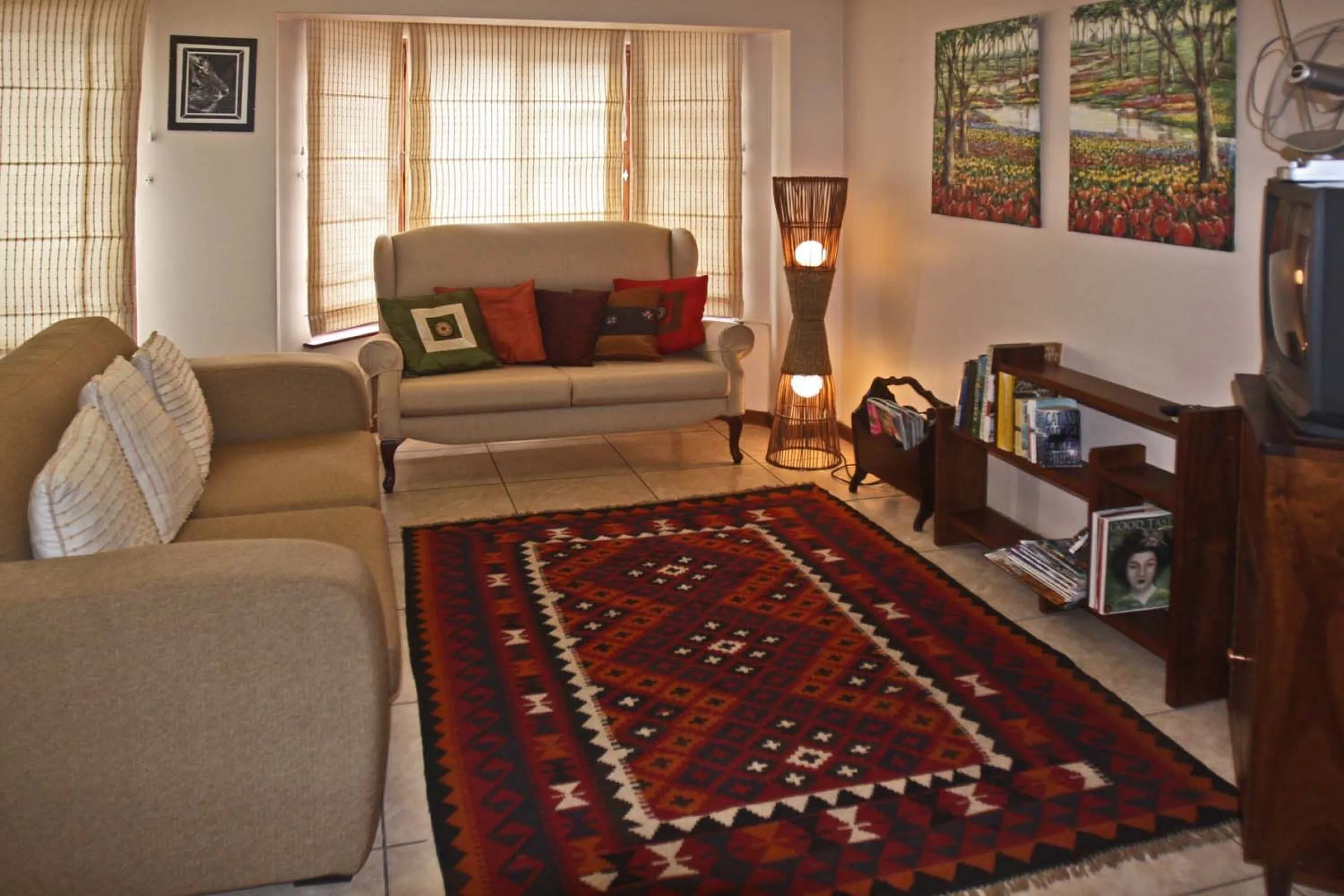 Cozy living room with sofas a rug and a TV on a wooden stand