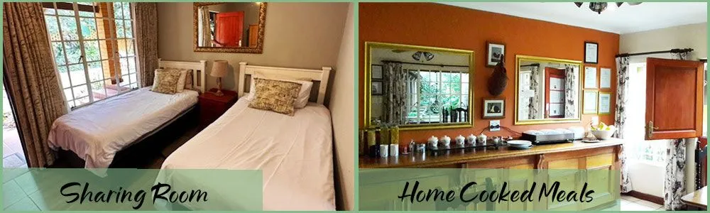 Two single beds in a room and a kitchen with homecooked meals
