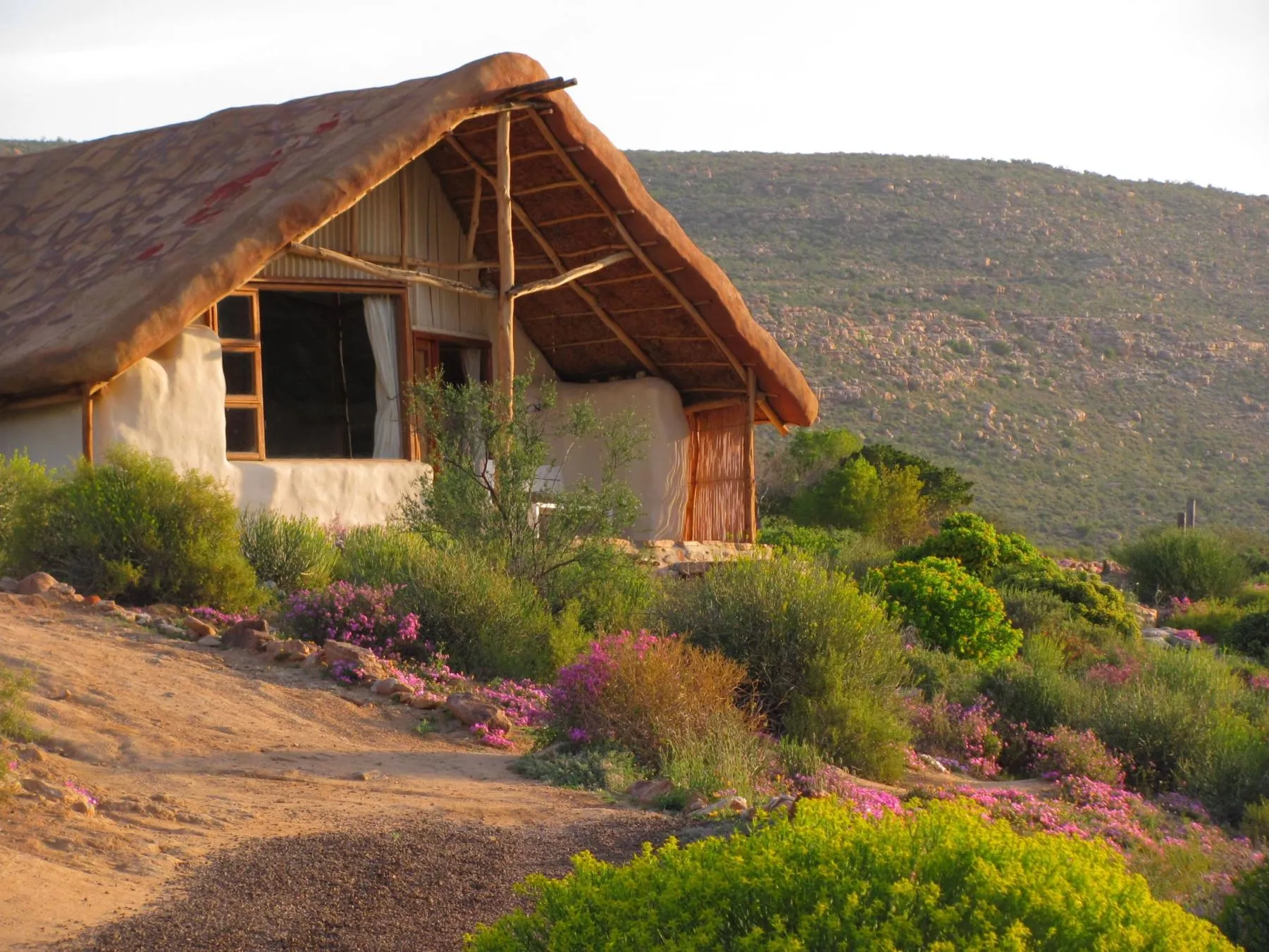 Thatchedroof cottage surrounded by colorful flowers in a mountainous landscape