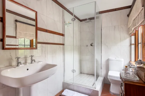Modern bathroom with white fixtures glass shower and wooden accents