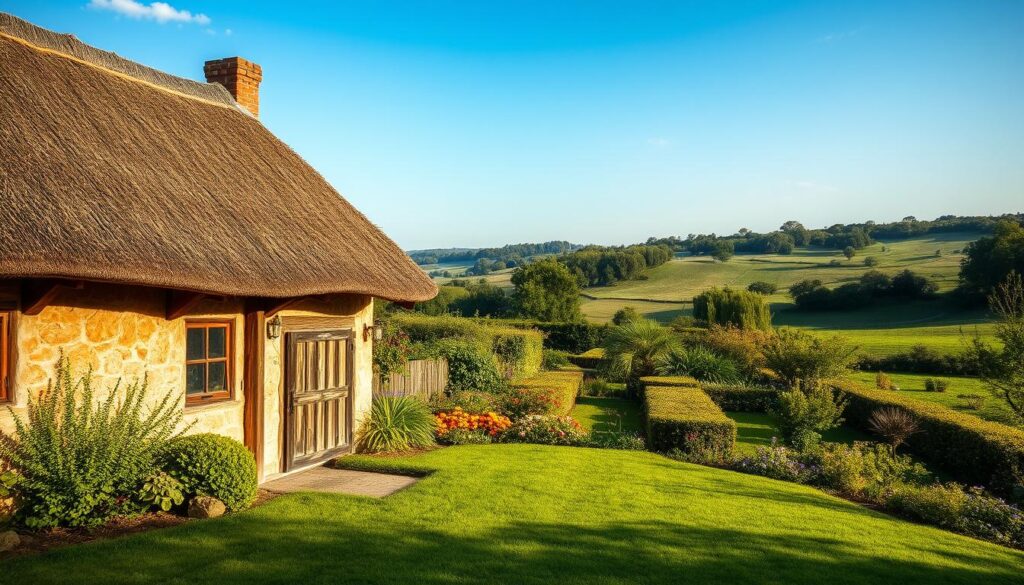Thatched cottage with garden in a scenic countryside landscape.