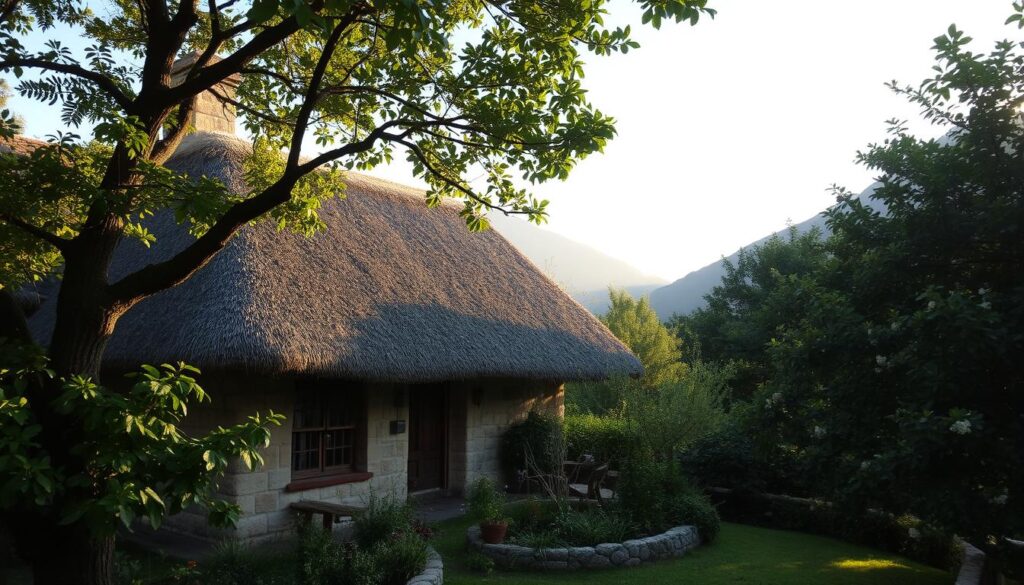Thatched-roof cottage in a lush garden with mountains in the background.