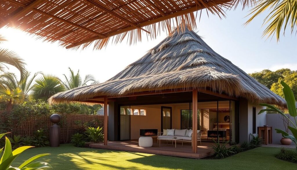 Tropical-style house with thatched roof, surrounded by lush greenery and palm trees.
