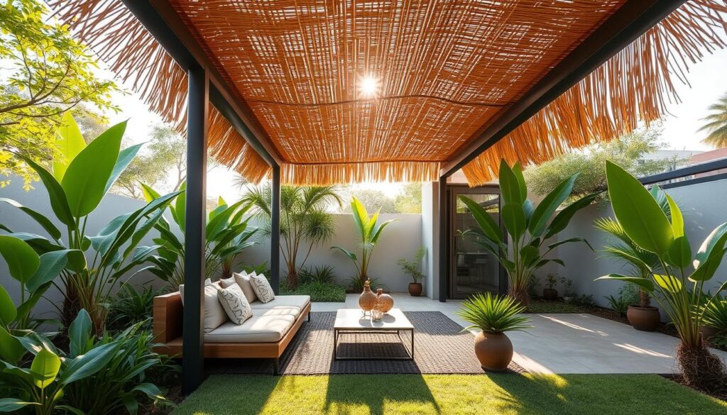 Outdoor lounge area with plants, a sofa, and a woven roof canopy.