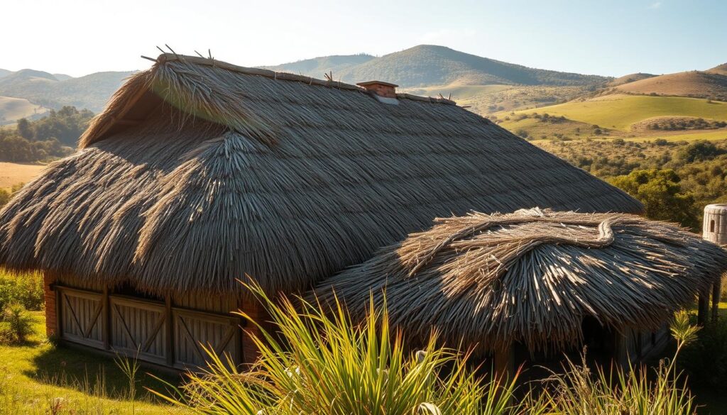Thatched-roof house in a rural setting with hills in the background.
