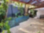 Blurry outdoor patio with plants and a covered walkway