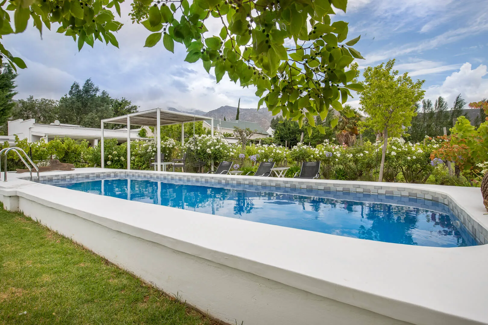 Swimming pool with lounge chairs surrounded by greenery and flowers