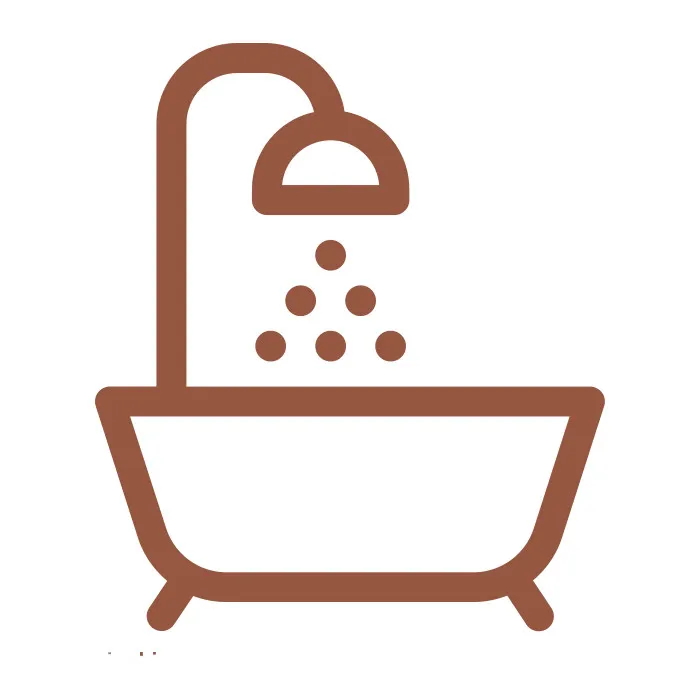 Brown icon of a bathtub with a showerhead and water droplets