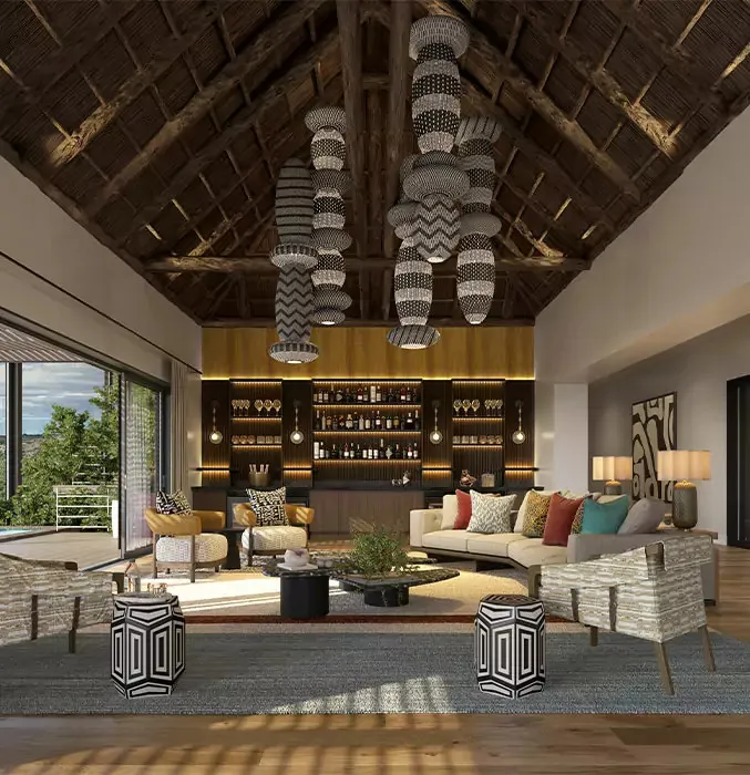 Modern living room with open ceiling large windows and patterned decor