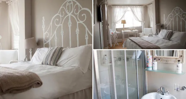 Collage of a bedroom and bathroom with white decor and wooden accents