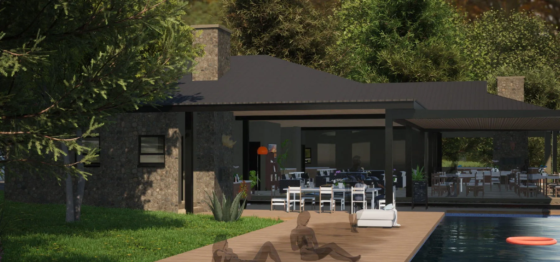 Modern house with pool outdoor seating and surrounding greenery