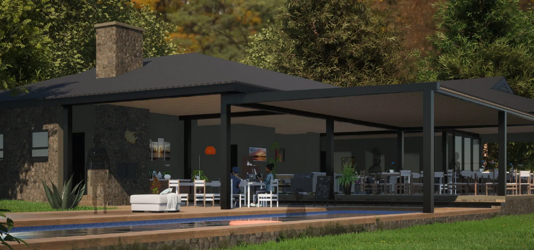 Modern house with outdoor seating area and pool surrounded by greenery