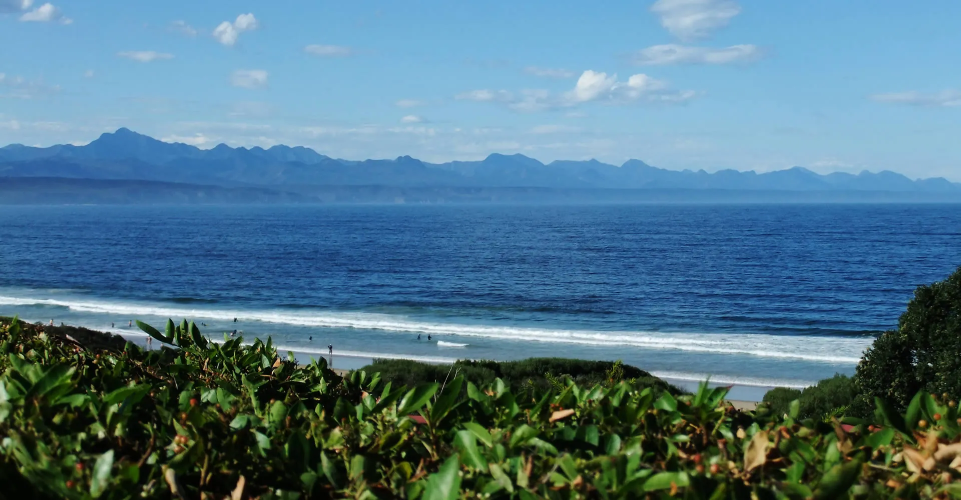 Ocean view with mountains in the background and green foliage in the foreground