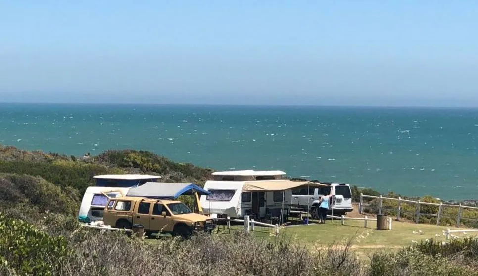 Campers and caravans parked near the ocean on a grassy area