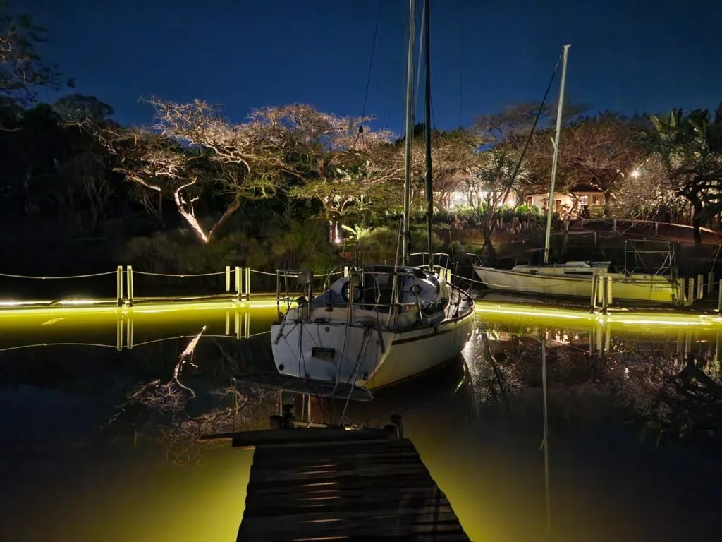 Sailboat docked at night with illuminated ropes and trees in the background