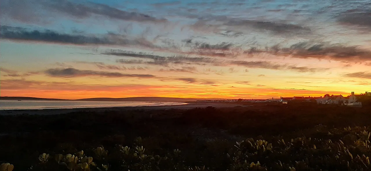 Sunset over a coastal landscape with scattered clouds and golden vegetation in the foreground