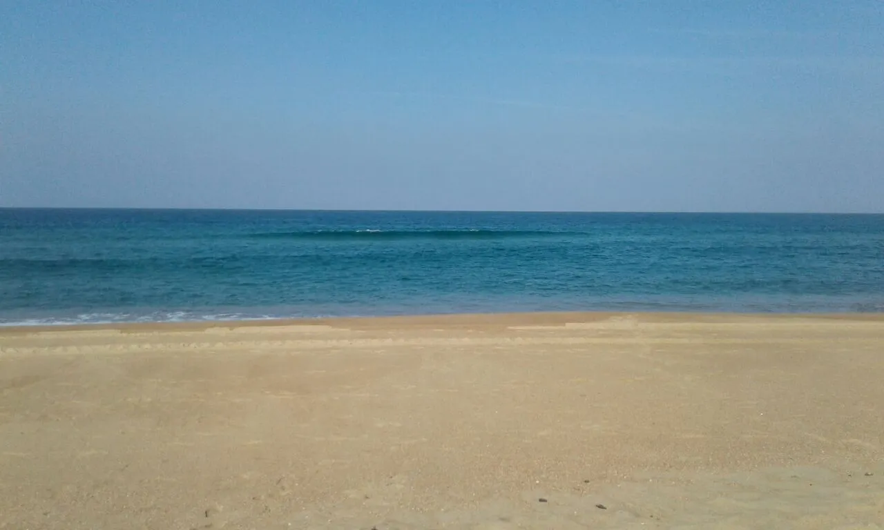 Sandy beach with calm blue ocean under clear sky