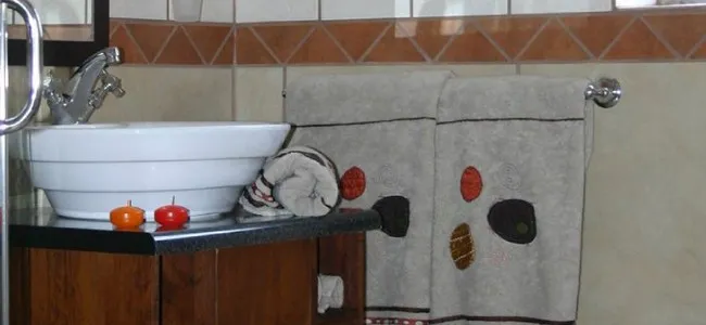 Bathroom sink with bowl towels with leaf designs and decorative apples on countertop