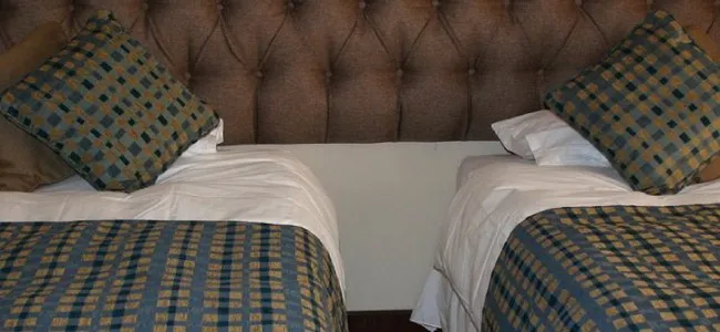 Two twin beds with checkered bedspreads and pillows in a bedroom