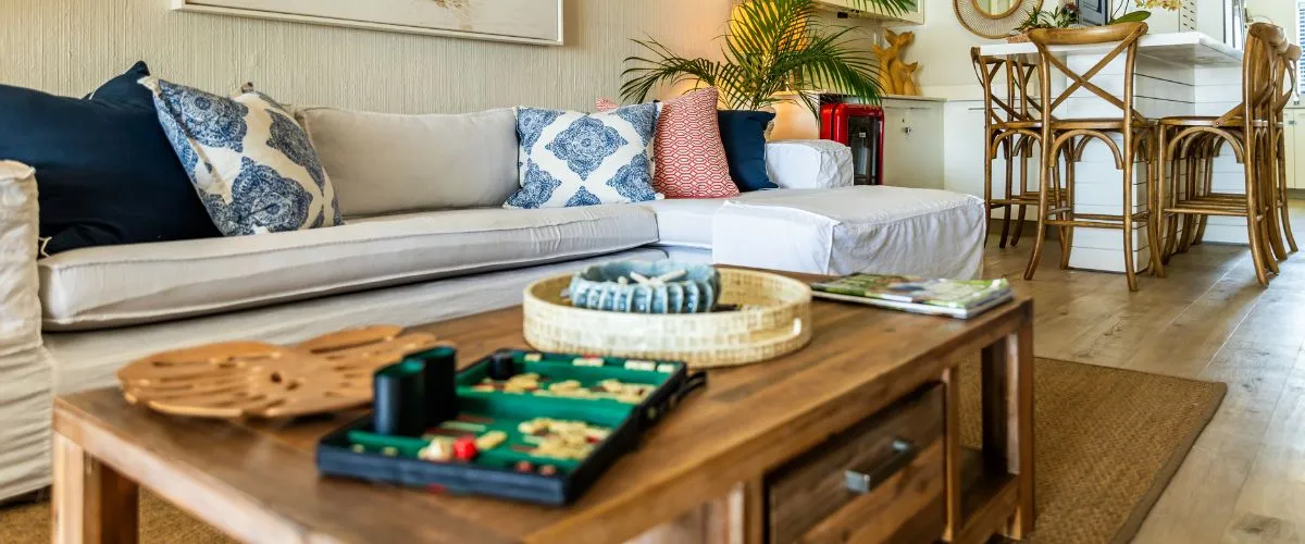 Cozy living room with a sofa coffee table and board game setup
