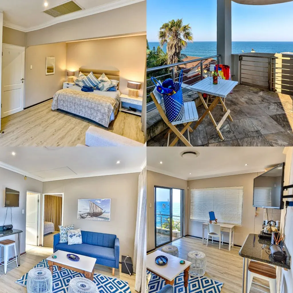 Four images of a modern apartment with ocean views bedroom living room and balcony