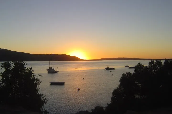 Sunset over water with boats and silhouetted trees in the foreground
