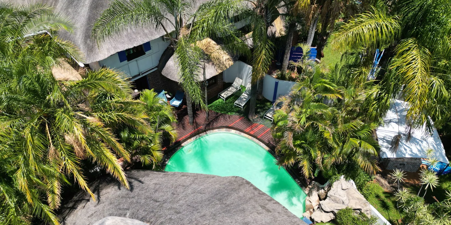 Aerial view of a pool surrounded by palm trees and thatchedroof buildings