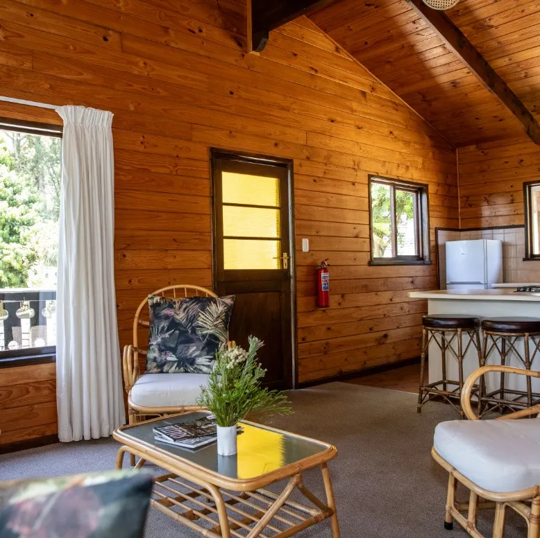 Wooden cabin interior with furniture plants and a refrigerator