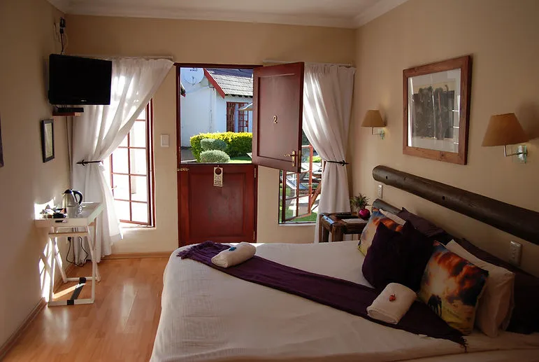 Cozy bedroom with a large bed open door to garden and a TV