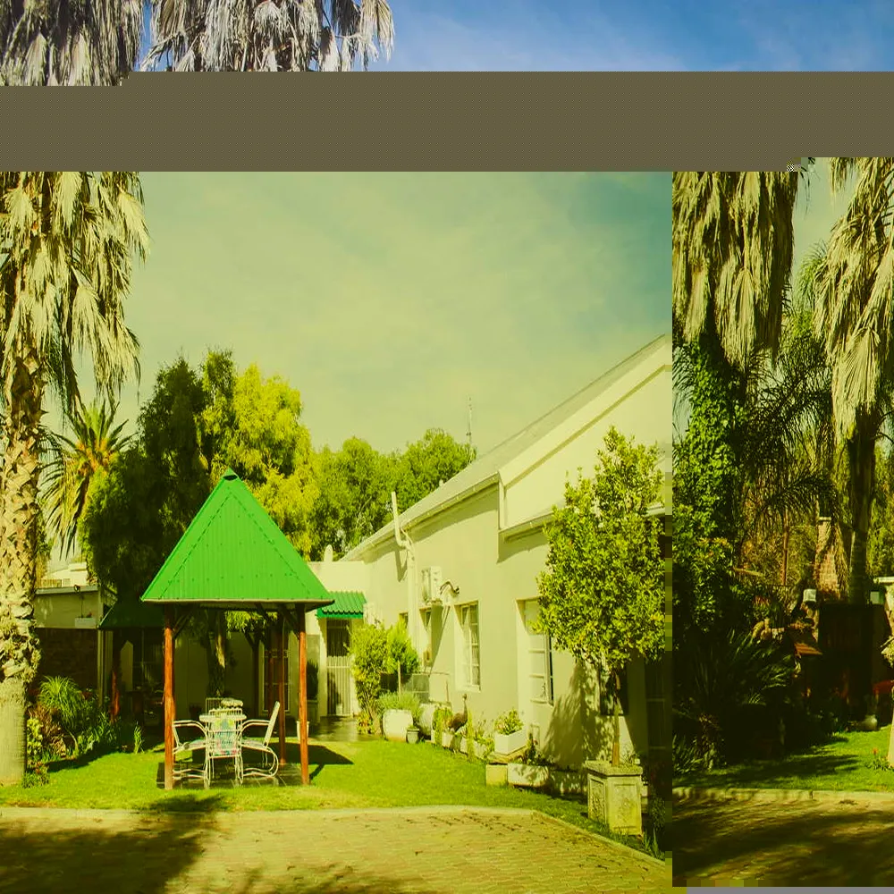 Palm trees and a greenroofed gazebo in a sunny courtyard