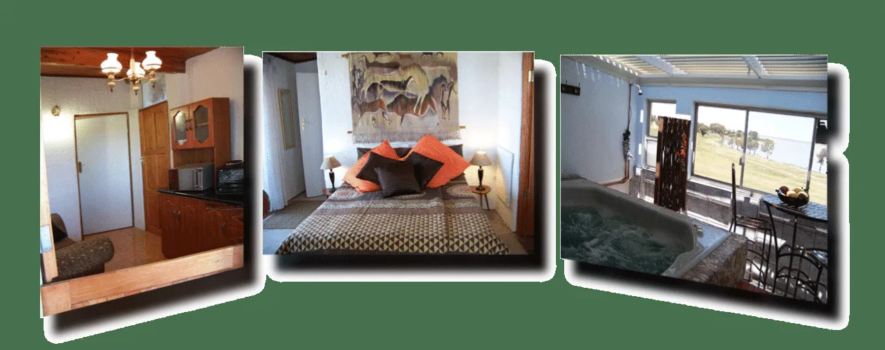 Collage of three rooms bedroom bathroom and indoor pool area