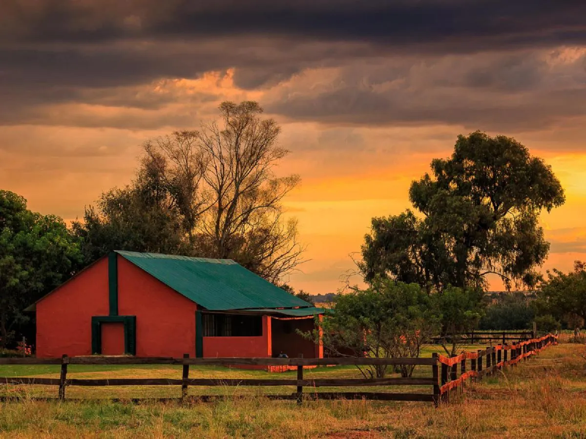 Red barn with green roof at sunset surrounded by trees and a fence
