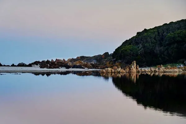 Rocky shoreline with trees reflected in calm water at dusk