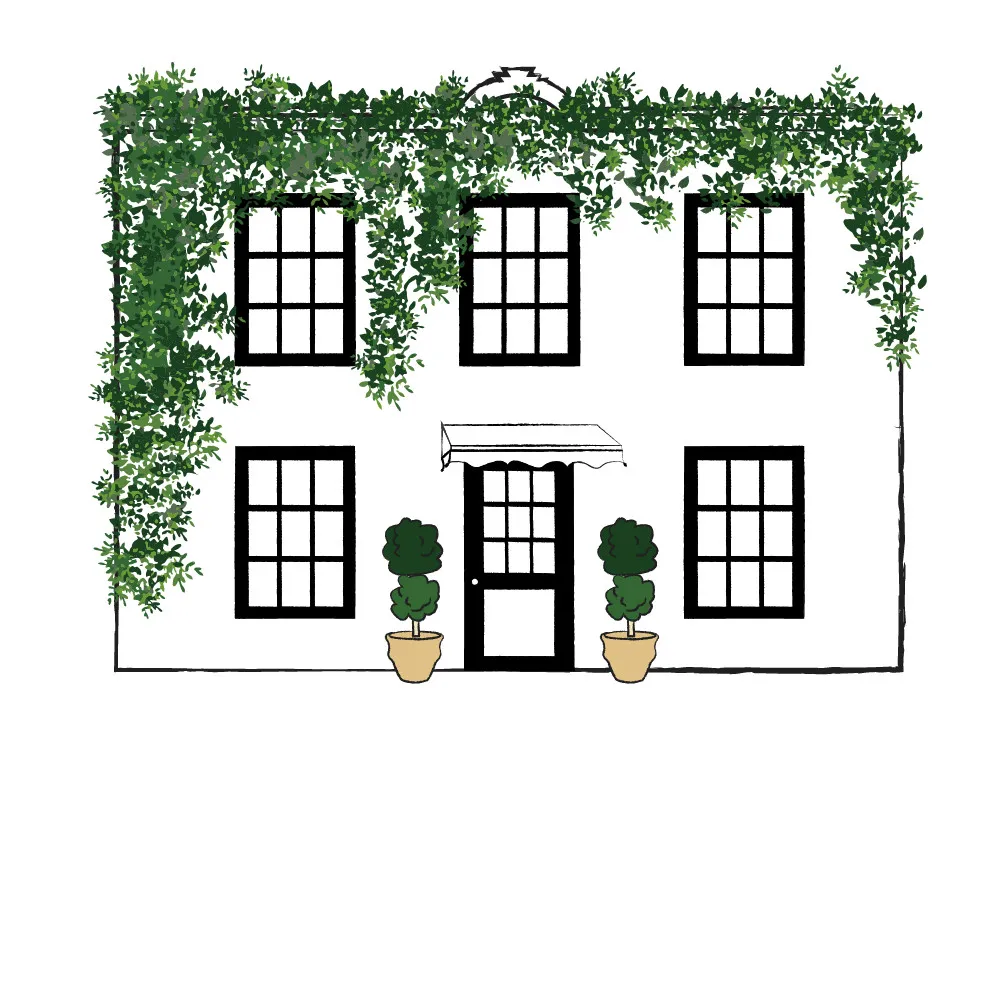 Illustration of a house with ivy windows and potted plants at the entrance