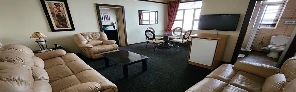 Living room with sofas TV dining table and visible bathroom