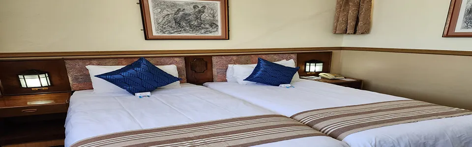 Two single beds in a hotel room with blue and white bedding