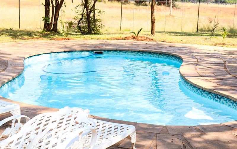 Swimming pool with white lounge chairs in a sunny backyard setting