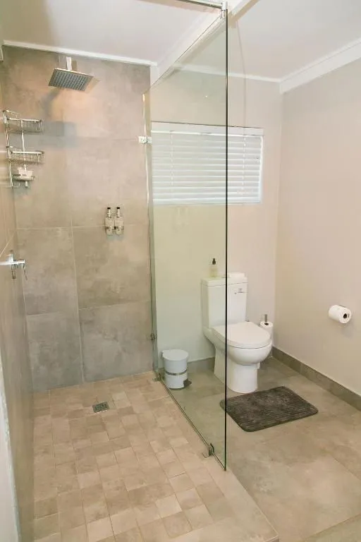 Modern bathroom with walkin shower toilet and tiled floor