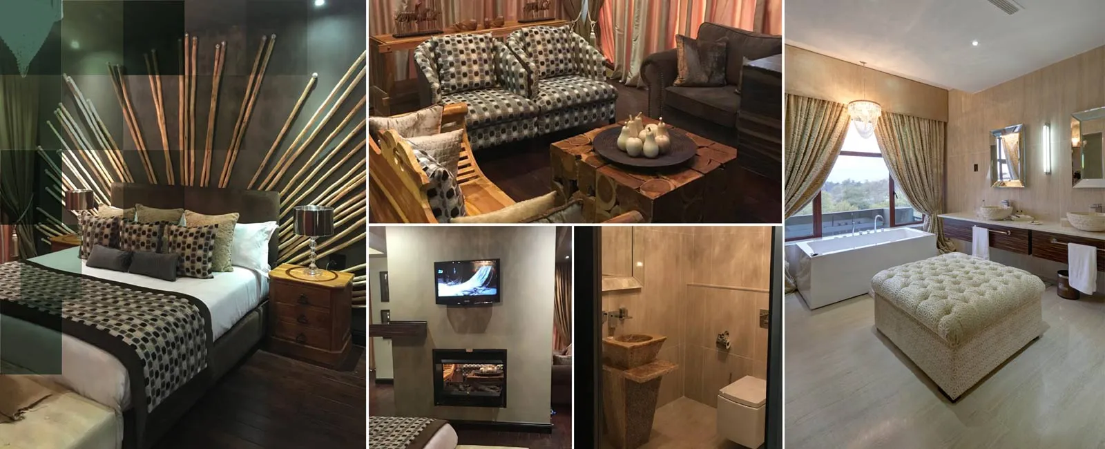 Collage of hotel room interiors including bedroom living room and bathroom